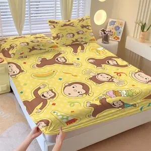 George Party Fitted Sheet Set with 2 Pillowcases No Core, Warm Yellow Base Color, Different Forms Cartoon Monkey Design, Soft Non-Slip Wrinkle-Resistant, Lively and Playful Bedroom Decor Gift Choice