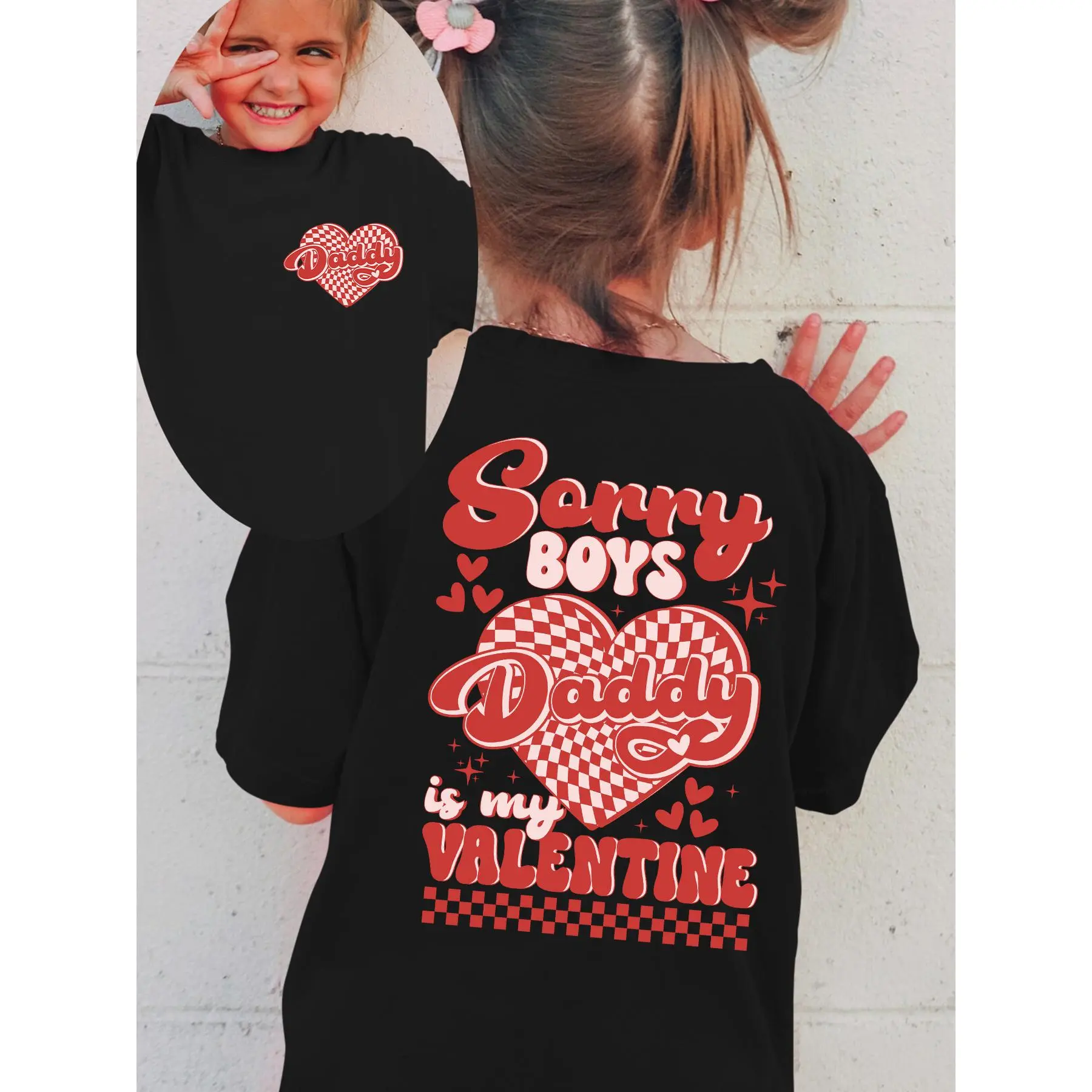 [Valentine's Day|Girls' T-Shirt] Valentine's Day Girls' T-Shirt "SORRY BOYS DADDY IS MY VALENTINE" | Summer Fashion Short Sleeve Checkerboard Heart Cartoon Print Double-Sided Casual Versatile Top NY-DX4941, Cotton, Minimalist