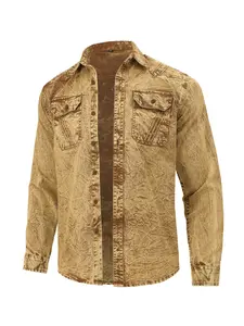 Men’s vintage washed distressed tan western long-sleeve button-up shirt with chest pockets, retro regular fit for casual outdoor wear (brown accent details)