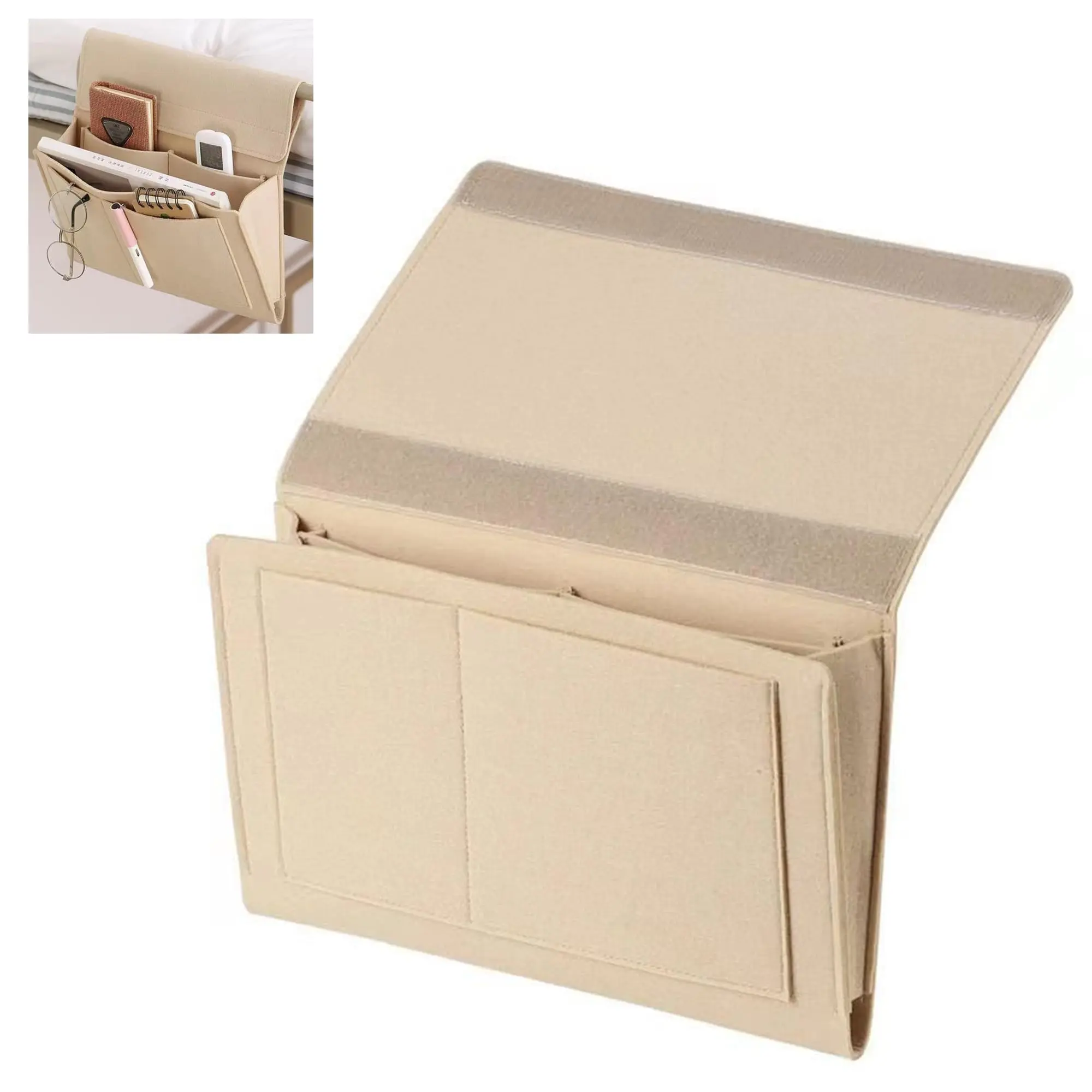 Bedside Caddy, 5 Pockets Felt Bedside Storage Organizer, Hanging Storage Organizer for Home Bedroom Living Room College Dorm Bed Water Bottles, Magazines, Phone, Glasses (Beige)