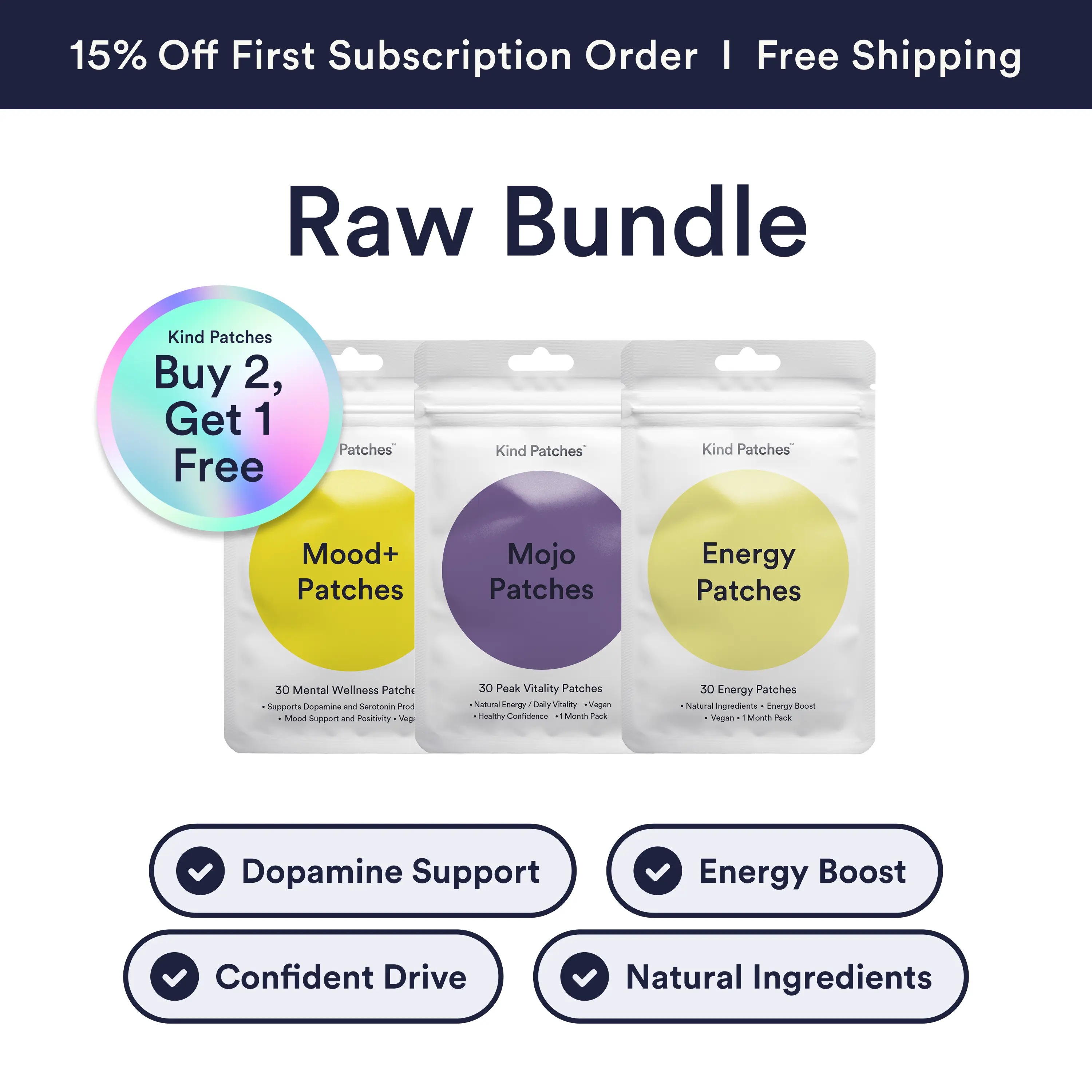 Kind Patches RAW Bundle: 30 Mental Wellness Patches + 30 Peek Vitality Patches + 30 Energy Patches, Mood Support, Natural/Daily Vitality Support , Health Confidence, Natural Ingredient, Caffeine and Red Ginseng, Vegan