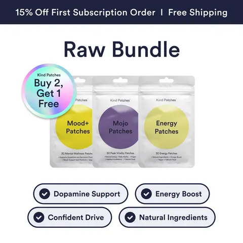 Kind Patches RAW Bundle: 30 Mental Wellness Patches + 30 Peek Vitality Patches + 30 Energy Patches, Mood Support, Natural/Daily Vitality Support , Health Confidence, Natural Ingredient, Caffeine and Red Ginseng, Vegan