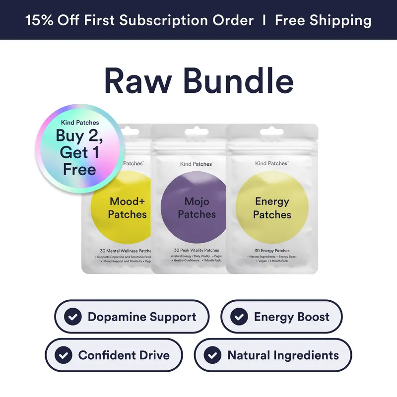 Kind Patches RAW Bundle: 30 Mental Wellness Patches + 30 Peek Vitality Patches + 30 Energy Patches, Mood Support, Natural/Daily Vitality Support , Health Confidence, Natural Ingredient, Caffeine and Red Ginseng, Vegan