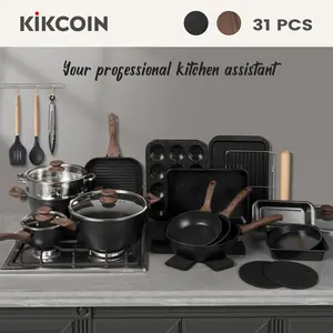 [Hot Picks]31Pcs(Black)Nonstick Kikcoin pots pans set Cookware, complete Bakeware,Wooden Handle,Silicone Utensil,Skillet,Saucepan,Frying pan,Springtok Multicolor 31Pcs(Black)