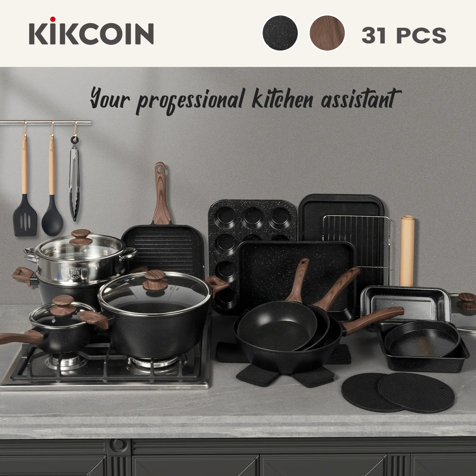 [Hot Picks]31 PCS Kikcoin pots pans set Cookware Nonstick,complete Bakeware,Wooden Handle,Silicone Utensil,Skillet,Saucepan,Frying pan,Kitchen