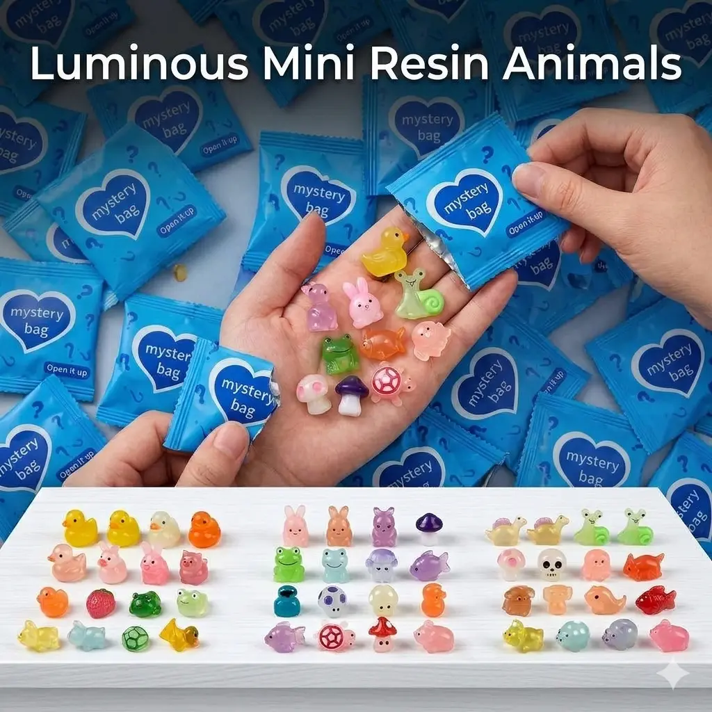 50-Pack Luminous Mini Resin Animals Mystery Blind Bags - Glow in the Dark Miniatures for PC Gaming Setup, Desktop Decor & Stress Relief