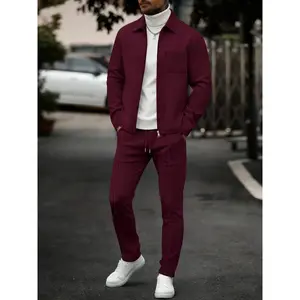 Men's 2-Piece Set, Fashionable Zipper Cardigan Jacket with Pockets, Long Sleeve Hooded Blouse + Waist Drawstring Pants, Spring & Fall Casual Wear