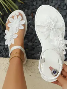 Women's Elegant Flat Anklet Sandals, Strappy Summer Sandals, Fairy Tale Style Flower Decoration, Casual Summer Shoes, Lightweight and Easy to Wear, Perfect for Daily Use