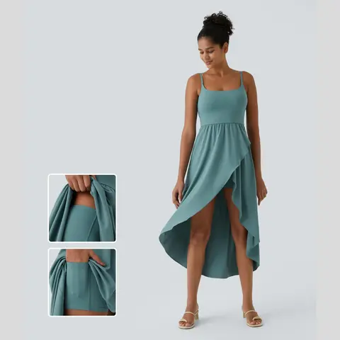 Halara Breezeful Backless High Low 2-Piece Side Pocket Flowy Midi Quick Dry Casual Dress