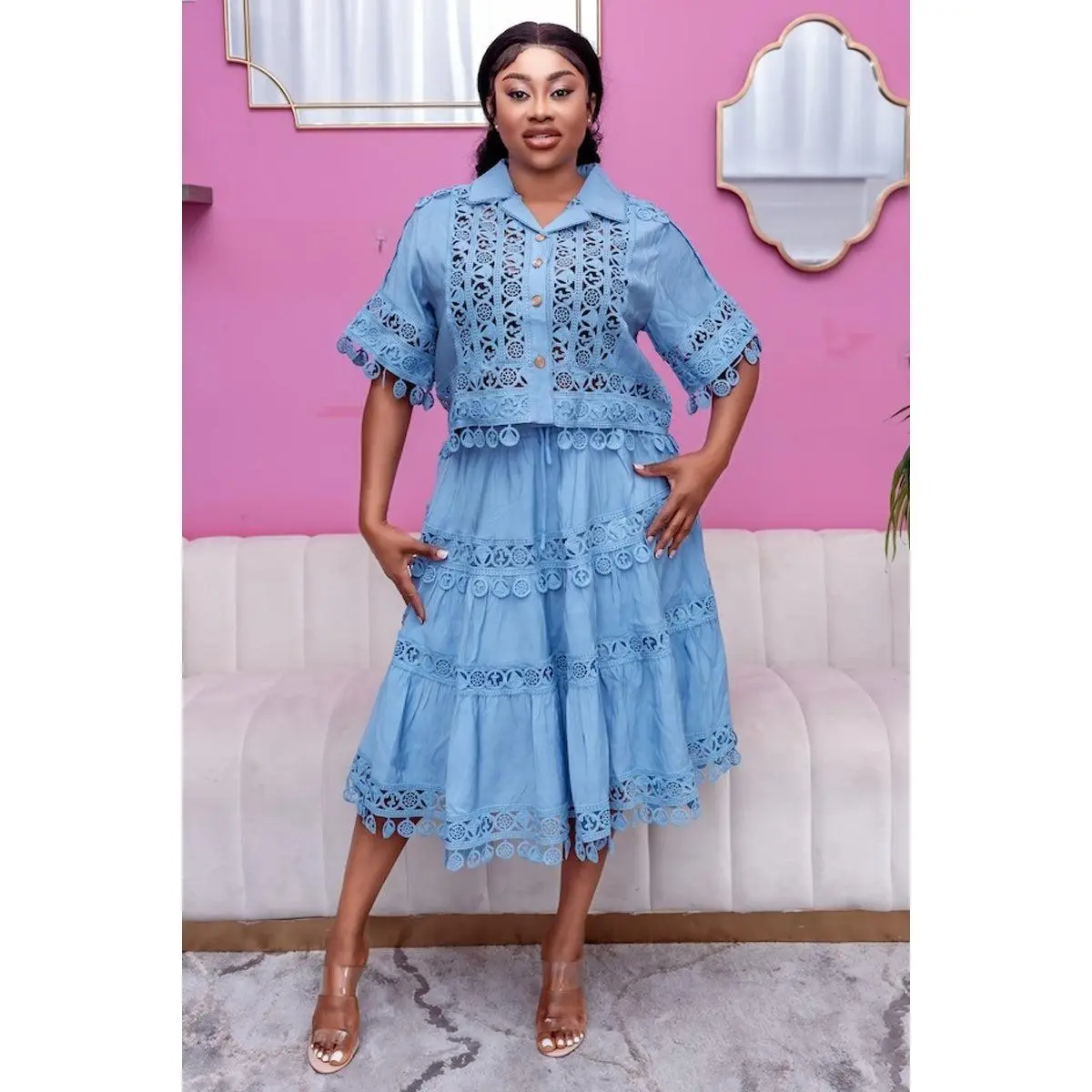 Azure Breeze Eyelet Skirt & Top Set - Blue