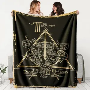 Harry Potter Deathly Hallows Gold Theme Flannel Throw Blanket, Soft Lightweight Warm, Perfect for Bedroom Holiday Decor, All Seasons