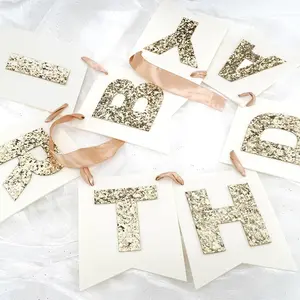 Felt Happy Birthday Banner with Glitter Letters, Cream White Boho Groovy Garland,   Glitter Sign, Thick Felt Bunting Decor for 1st Sweet 16 21st 30 40 50 60 70 Birthday