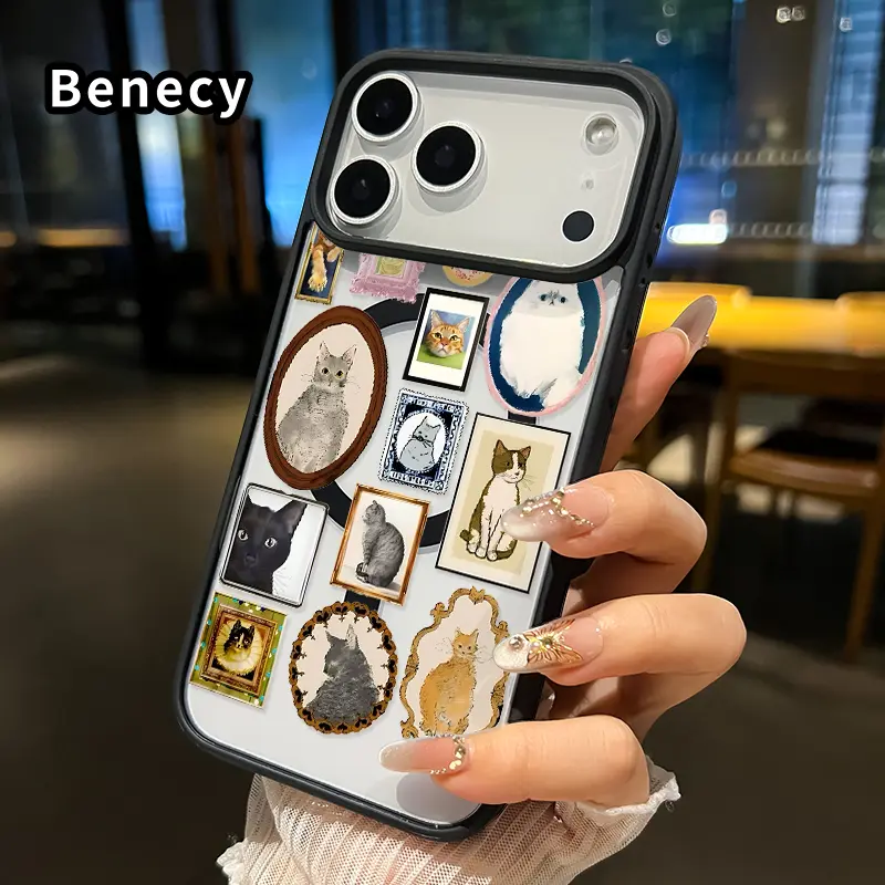 Magnetic Phone case for iPhone 17 16  Pro Max Plus 15 14 13 12 11 Air E Feline Frame Gallery Pattern Non-Yellowing Shockproof Soft Silicone Transparent Acrylic Cover Supports Wireless Charging