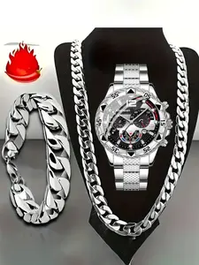 Men's Quartz Jewelry Watch Set with Cuban Necklace & Bracelet, High-Quality Analog Wristwatch, Perfect Gift for Birthday Christmas New Year