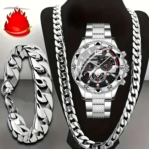 Men's Quartz Jewelry Exquisite Watch Set with Cuban Necklace & Bracelet, Jewelry Sets, High-Quality Analog Wristwatch, Perfect Gift for Birthday Christmas New Year