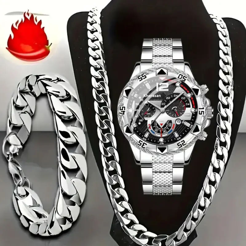 Men's Quartz Jewelry Exquisite Watch Set with Cuban Necklace & Bracelet, Jewelry Sets, High-Quality Analog Wristwatch, Perfect Gift for Birthday Christmas New Year