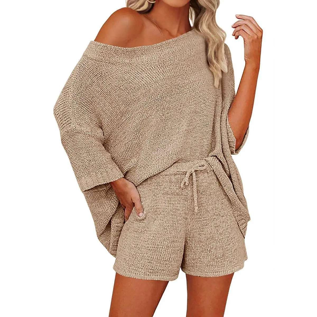 Lannew Women's 2 Piece Outfits Sweater Sets Off Shoulder Knit Top & Shorts Matching Suits Cute Pajama Lounge Set Fashionable Comfortable