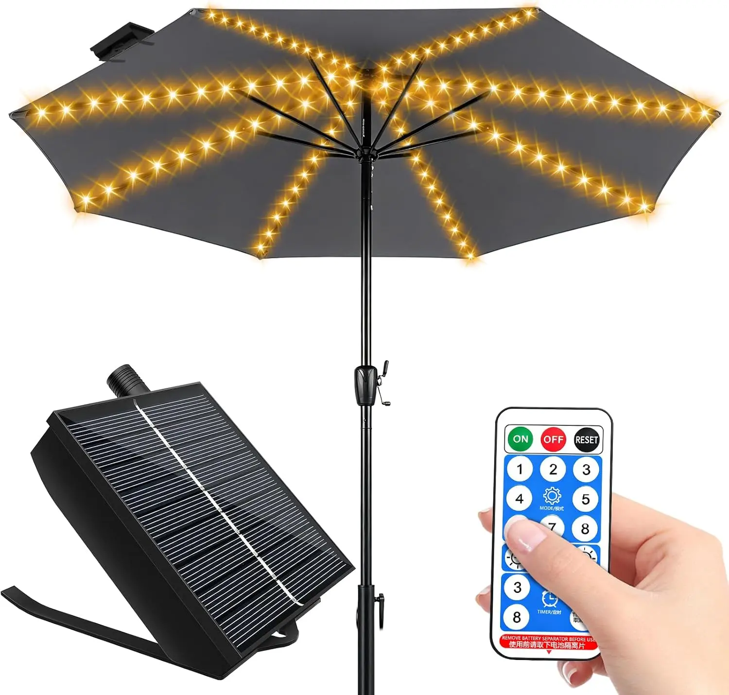 Outdoor Solar Umbrella Lights, 104-LED Waterproof Sun-Powered Patio Umbrella Light Strings with 8 Lighting Modes, Remote Control, Warm White, Sun-Powered Umbrella Lights