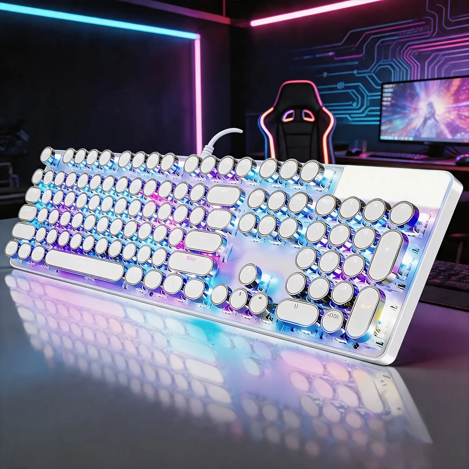 104-Key Mechanical Gaming Keyboard| Typewriter-Style Retro Keyboard with Blue Switches, Wired RGB Backlighting, Retro Round Keycaps, White RGB Edition