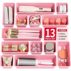 of 13 - Plastic Drawer Organizers Set, 3 Sizes Desk Drawer Organizer Trays for Vanity and Makeup Organizer, Organization and Storage for Makeup, Kitchen Utensils, Bathroom and Office, Pink