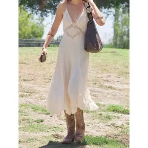 Elegant Lace Patchwork V Neck Chiffon Long Dress, Sweet Backless Ruffle Party Dress, Y2K Style Sleeveless Summer Fashion for Women, Dresse