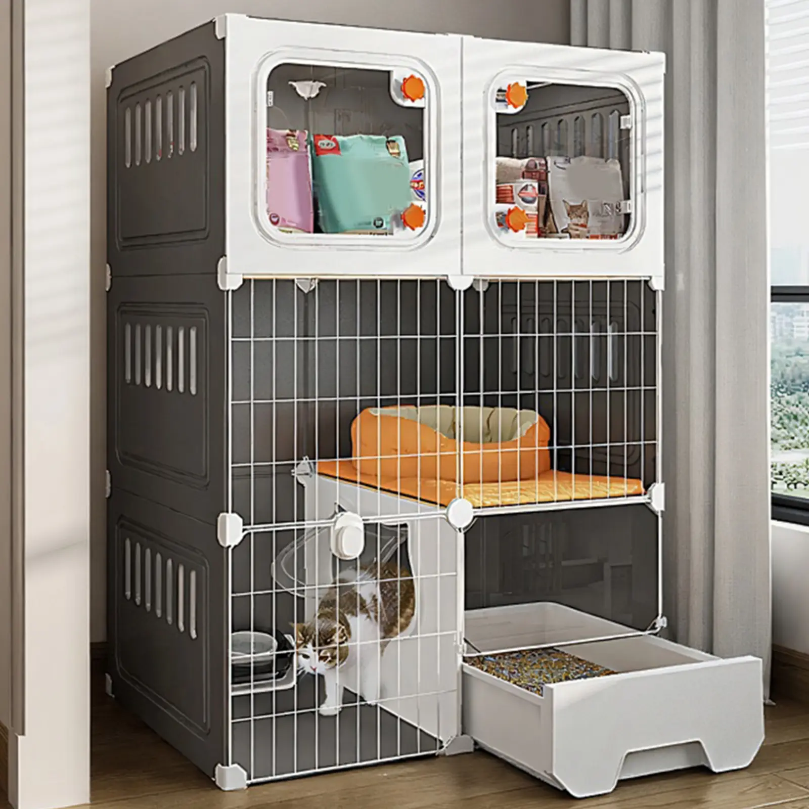 Ventilated Indoor Metal Wire Cat Cage Complete Kit - DIY Kennel with Bed, Scratcher, Litter Area, Litter Box for Indoor Cat Use, Litter Access, Wire Panels
