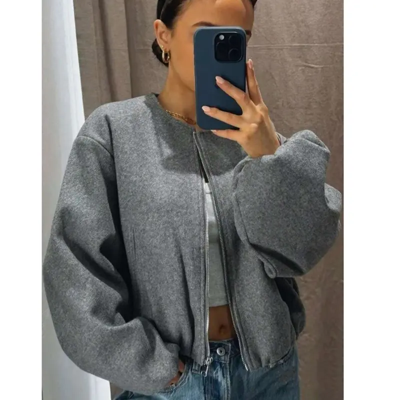 Women's Basic Minimalist Grey Bomber Jacket - Autumn Winter Casual Chic Outerwear, Longsleeves Cropped Varsity Aviator Coat, Fitted Crewneck Chic Korean Casual Top