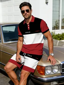 Men's Polo Letter Print Set, Casual Short Sleeve Tee and Shorts, Loose-Fitting All over Print, Two-Piece for Everyday Wear Menswear Clothes