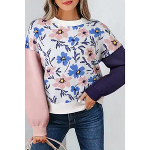 Khaki Vibrant Floral Contrast Colorblock Sleeve Pullover Sweater