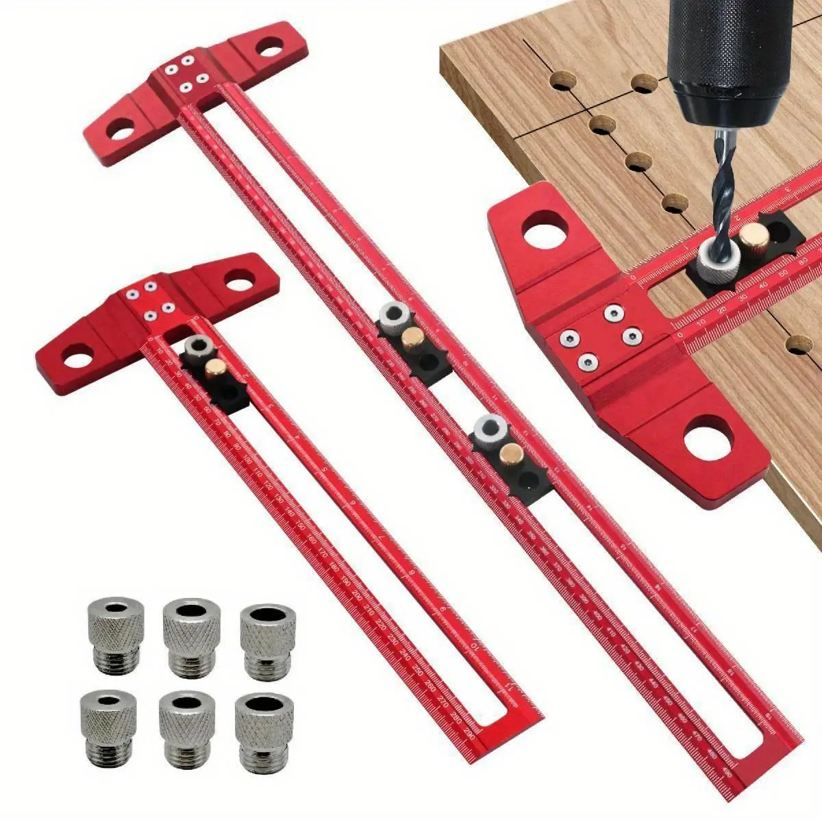 Woodworking 2 in 1 Drilling Positioning Scoring Ruler, Aluminum Alloy Scriber Marking T Square, Multifunctional Dowelling Jig with 6/8/10mm Drill Sleeves, Measuring Ruler, Tool