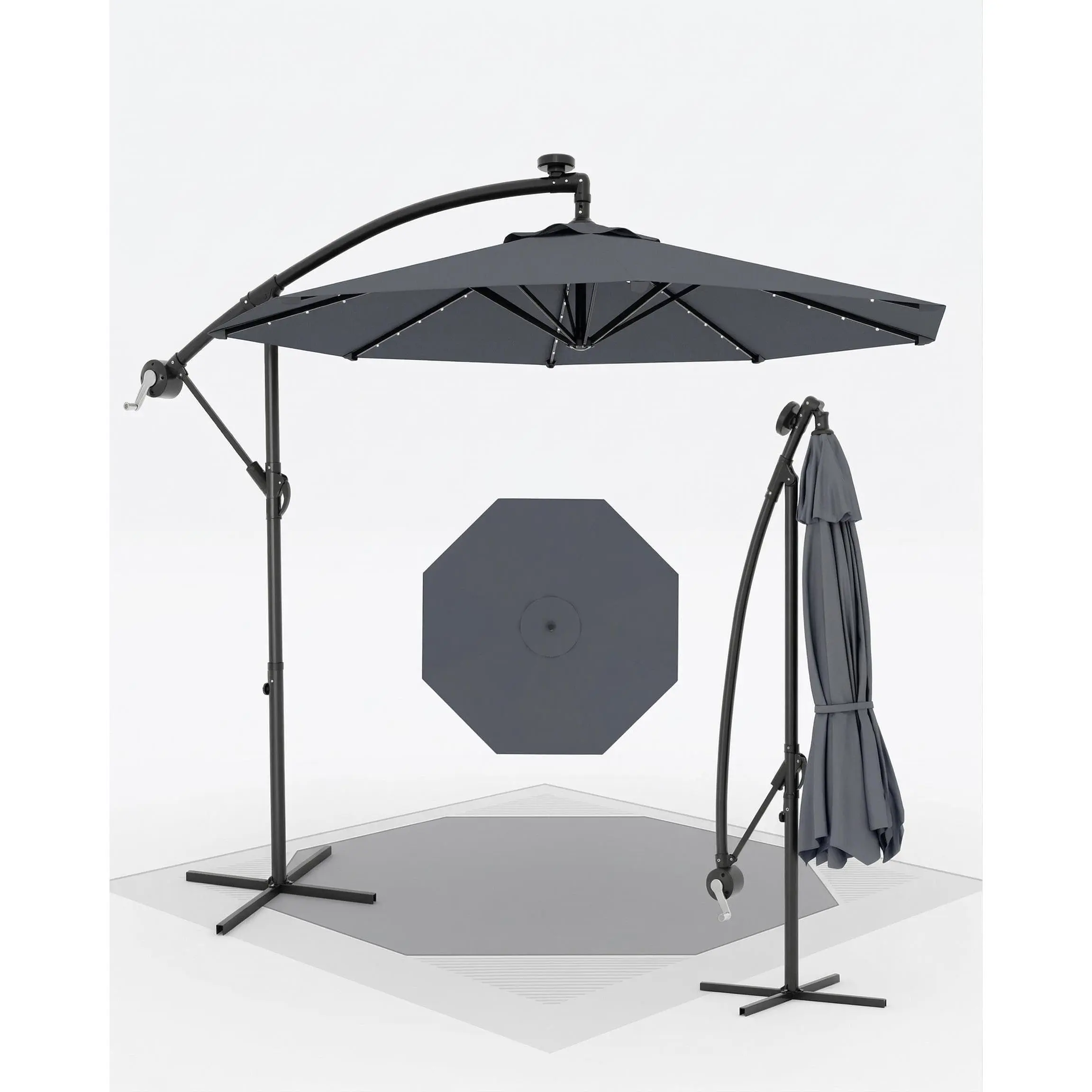 YJ-Garvee 10FT Sturdy Solar LED Offset Cantilever Patio Umbrella, 8-Rib Waterproof Polyester Canopy, Sun Protection, Adjustable Infinite Tilt, Easy Crank, Powder-Coated Steel Frame, Cross Base for Outdoor Deck, Pool, Cantilever Offset Parasols, Canopies &
