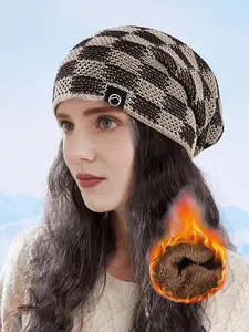 2026 New Fall Winter Chessboard Pattern Thick Knit Cap, Fitted Turban Style Warm Ear Protection Head Wrap, Outdoor Casual Cycling Beanie Turban Hats