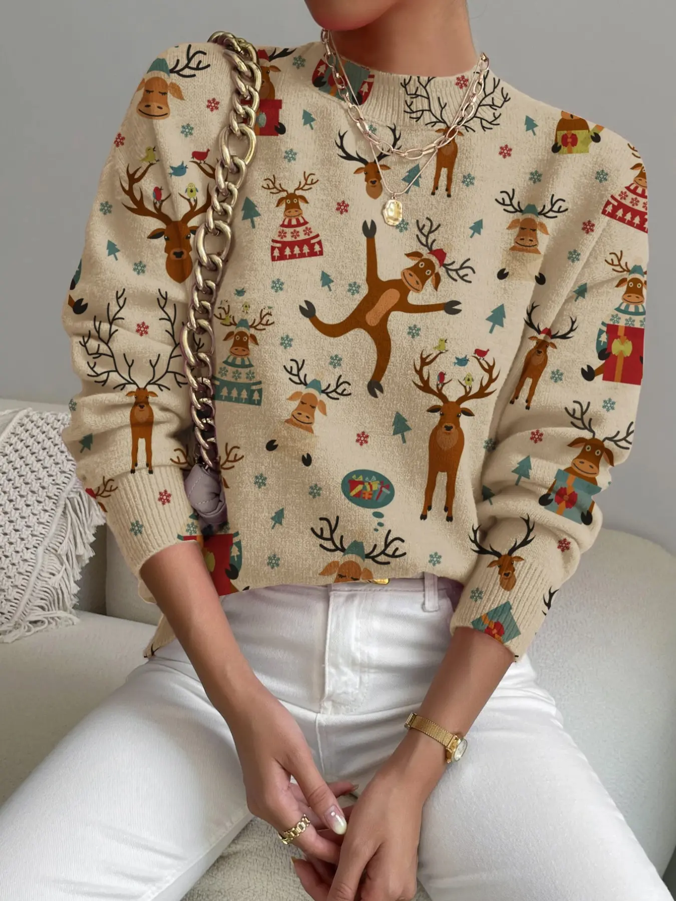 Women'S Christmas Deer Cartoon Print Stand Collar Sweater, Fall Winter Casual Long Sleeve Knitwear, Comfortable Warm Daily Wear