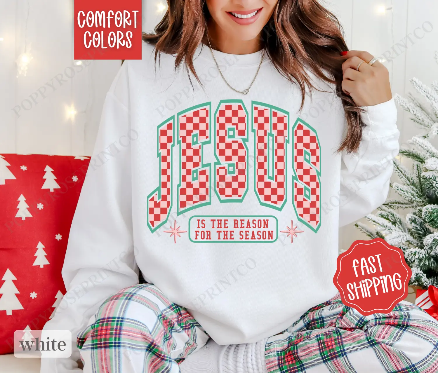 Checkered Jesus Comfort Colors Sweatshirt, Holiday Sweater Womenswear, Xmas Crewneck