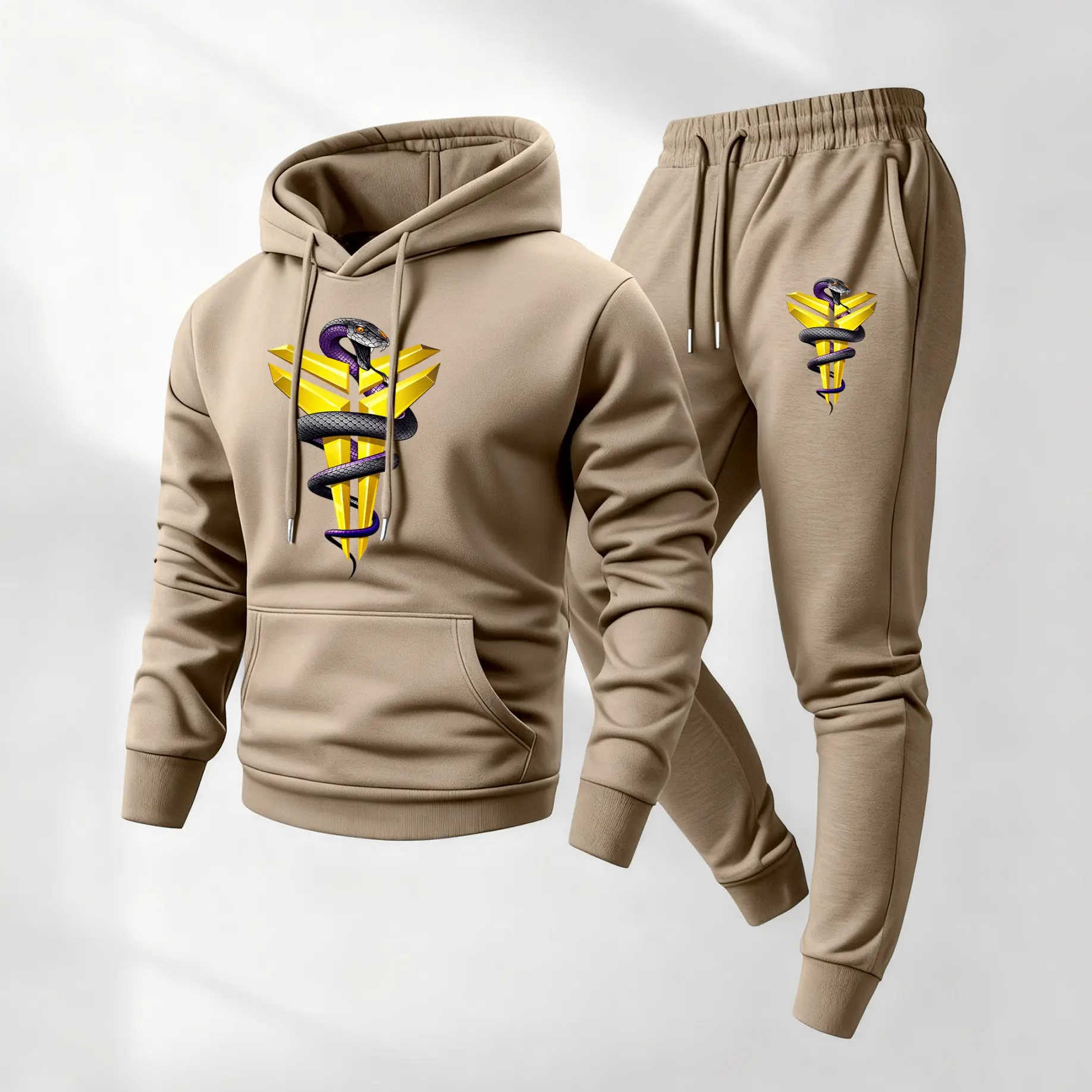 Men's Snake  Print Hooded Drawstring Sweatpants Set, Casual Two-Piece Set, Hoodie Paired with Sweatpants, Long-Sleeved Tracksuit for Autumn and Winter, Suitable for Indoor and Outdoor Activities, Men's Everyday Sportswear Set.