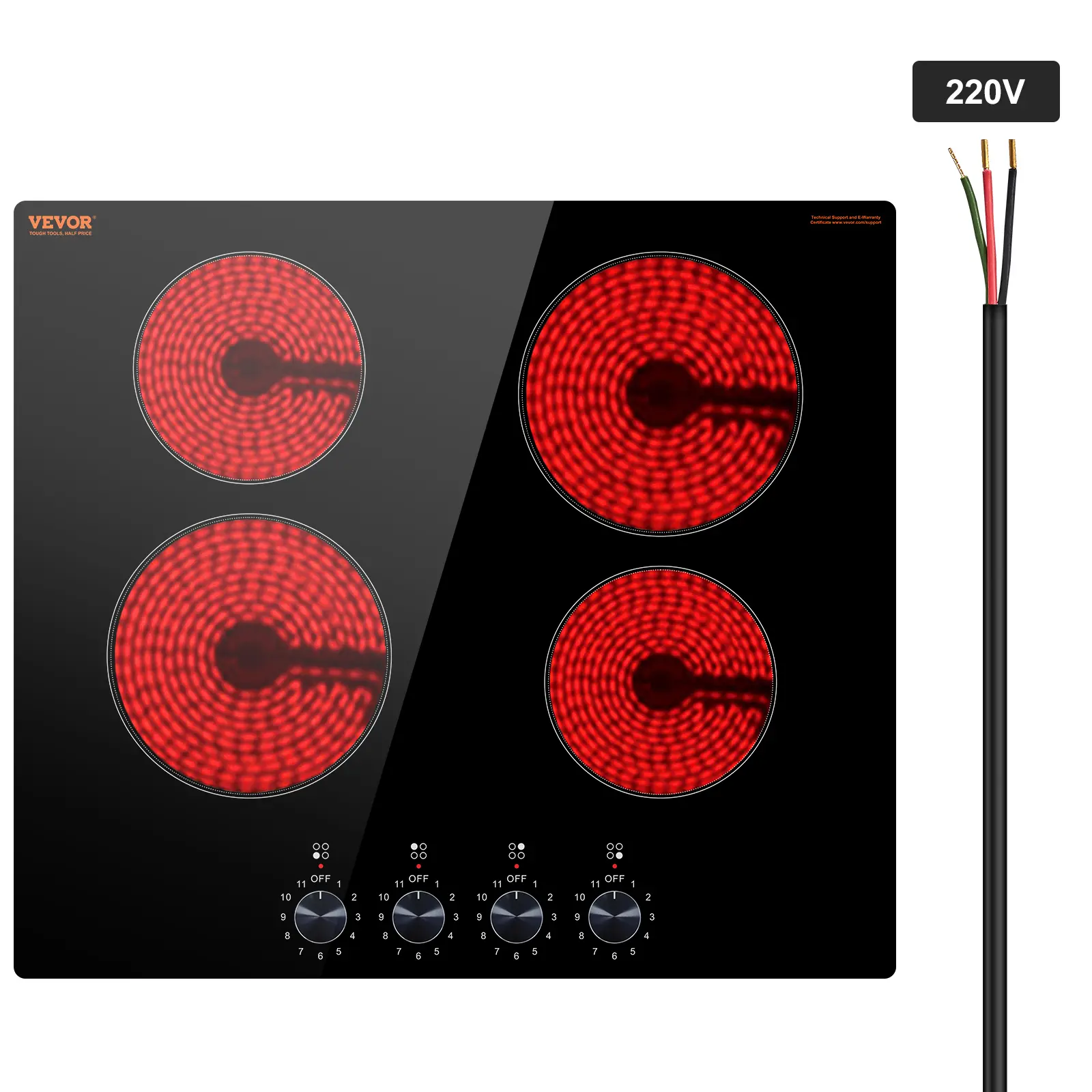 【Summerfinds】VEVOR 24-Inch Built-In Electric Cooktop - 4 Burners, 6000W Multifunction Ceramic Radiant Stove Top, 560x490mm Glass Panel, Knob Control, 11 Heat Levels, 220-240V Hardwired (No Plug) for Elderly, Pregnant Women