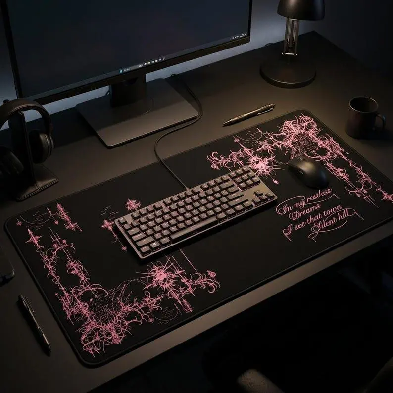Pink Silent Hill Gothic Chandelier Script Desk Mat | Black Keyboard Mouse Pad, PC Accessories