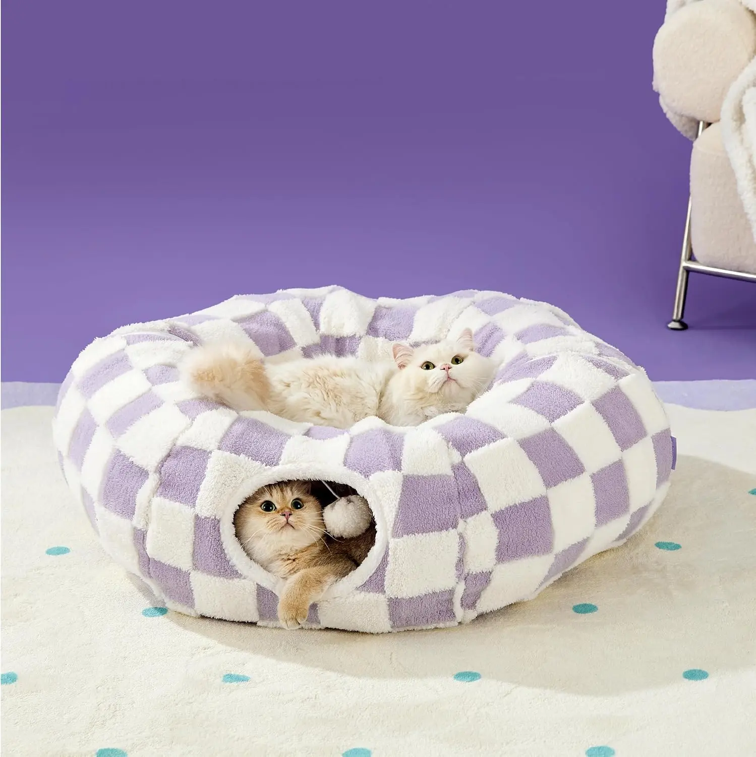 Cat Tunnel Bed for Indoor Cats - Cute Cat Donut Tunnel Toys for Small Large Cats with Washable Circle Cushion, Round Pet Peekaboo Cave Toy for Kitten/Puppy/Rabbit, Standard Purple