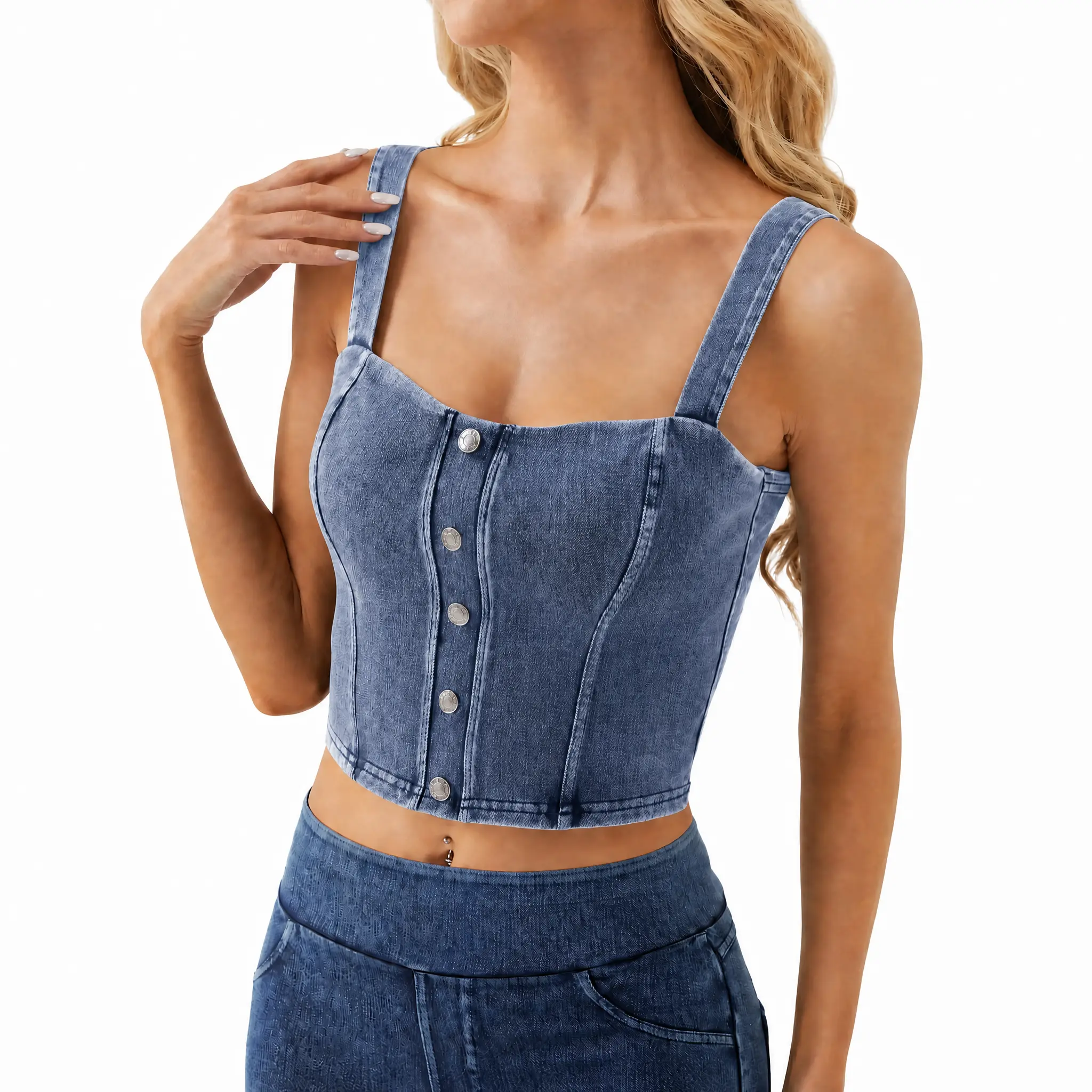 Cotrasen Womens Casual Denim Tank Top Square Neck Sleeveless Slim Fit High Stretch Built-in Bra Tank Top Summer Workout Yoga Daily Wear