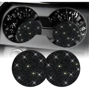 Bling Cup Holder Coasters for Car, 2PCS Universal Non-Slip Cup Holder, Embedded Decorative Coasters, Shiny Crystal Car Interior Accessories Gifts for Women (Black)