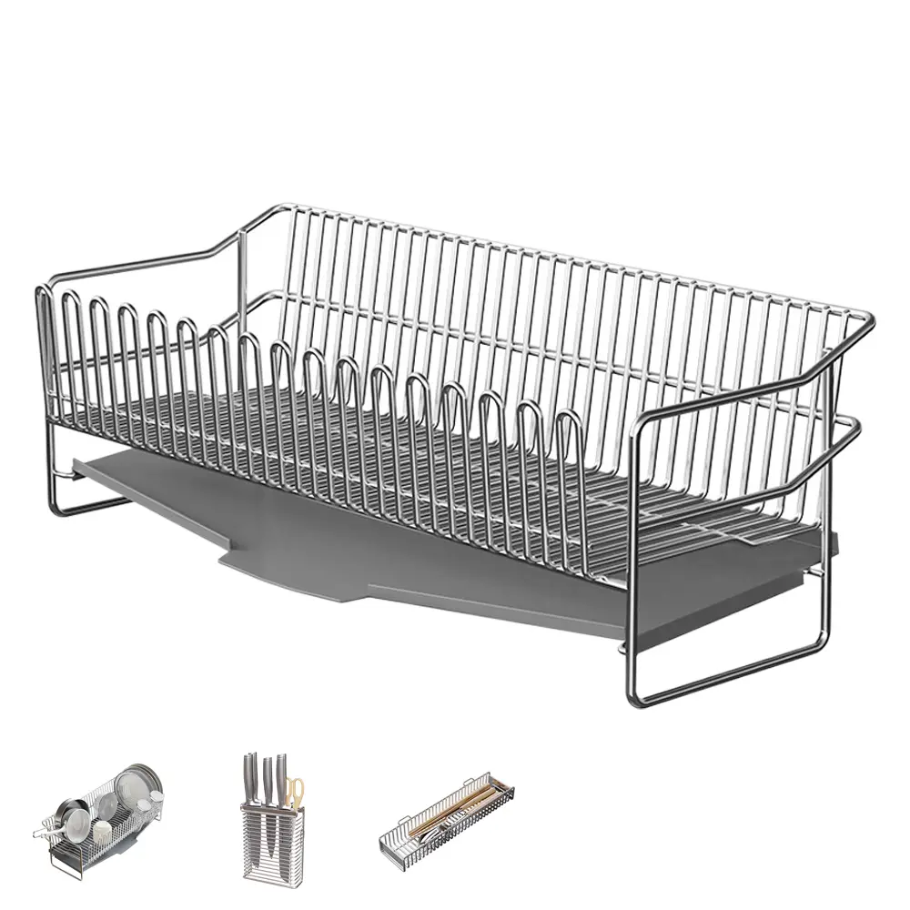 TUZZAN Stainless Steel Dish Drying Rack for Kitchen Counter, Large Capacity Multifunctional Dish Rack with Water Tray and Cutlery Holder, TDDR003