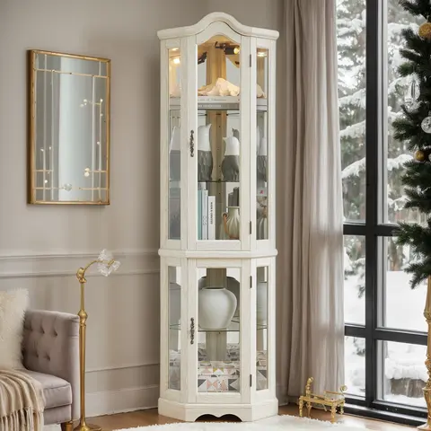 Eyisean 70.5" Arched Corner Curio Cabinet, Wooden China Cabinet with Adjustable Glass Shelves, Lighted Glass Display Cabinet Include Light Bulb, Rack for Living Room, Kitchen