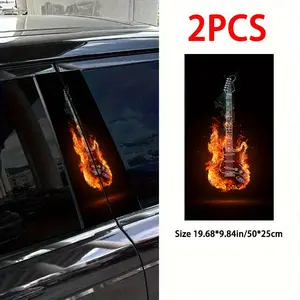 1 Pair Flame Guitar Pattern Car Stickers, Cartoon PVC B-Pillar Decals, Self-Adhesive Waterproof & Scratch-Resistant, for Glass, Metal, Plastic, Ceramic & Wooden Surfaces, Car Decoration, Vehicle Customization, Car Styling, High-Quality Durable Vinyl Decor
