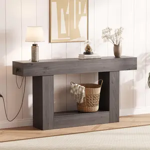Garvee 63 in Farmhouse Entryway Table with Storage & Charging Station, 2 Tier Narrow Console Table Behind Couch, Wooden Hallway Furniture for Entrance Foyer Living Room, Grey