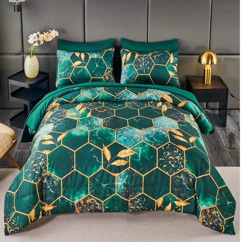 ANGIYUIN 7 Pieces Emerald Green Gold Comforter Set California King Size Marble Watercolor Bed in A Bag for Women Men Geometric Hexagon Gold Leaves Bedding Sets for All Season