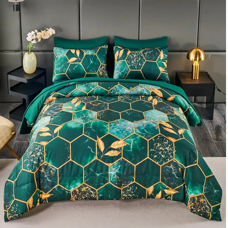 ANGIYUIN 7 Pieces Emerald Green Gold Comforter Set California King Size Marble Watercolor Bed in A Bag for Women Men Geometric Hexagon Gold Leaves Bedding Sets for All Season