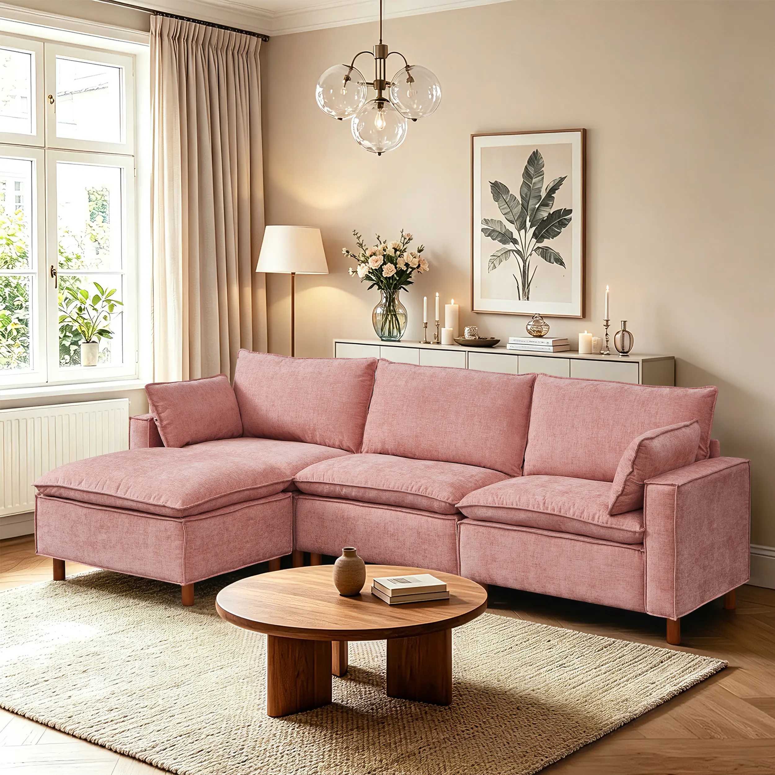 108.5" L-Shape Modular Sectional Sofa with Movable Ottoman, Chenille Upholstery, 3-Seat, Pink