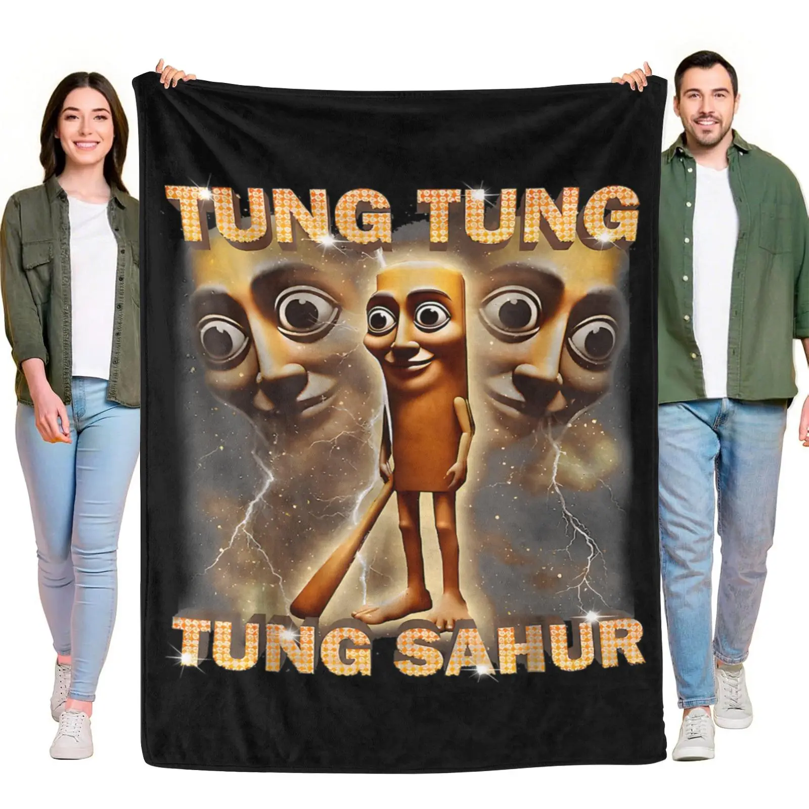 Tung Tung Tung Sahur Viral Cartoon Wooden Man Sparkle Thunder Lightning Graphic Throw Blanket, Cozy Lightweight Fleece Funny Internet Meme Blanket For Sofa Bed