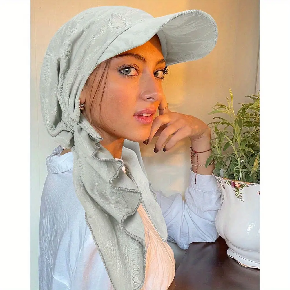 Women Brim Cap Sun Visor with Pre-Tied Turban Caps Head Scarf Hijab Pure Color Bandage Muslim Female Fashion Outdoor Hat