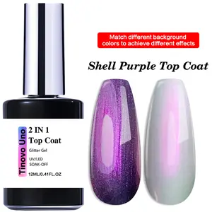 Tinovo Uno New Arrival 2 in 1 Romantic Shell Purple Top Coat, Glitter Gel, UV/LED Curing, SOAK-OFF, 12ml, Long-Lasting Shine, Alcohol-Free, For All Nails Types, Creates High-End Manicure Effects, High Salon Quality, Nail Art Gel, High Glossy